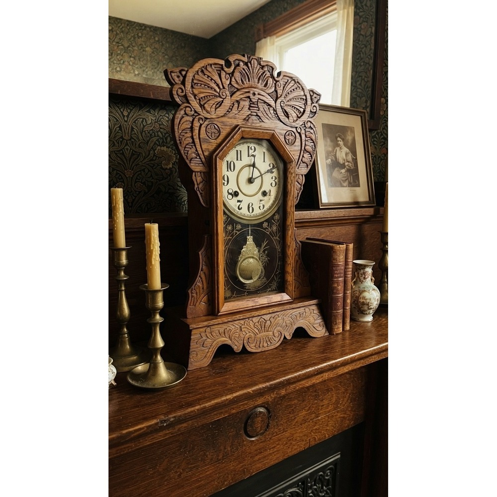 Antique New Haven Gingerbread Mantel Clock Circa 1890 Victorian Oak Carved Case